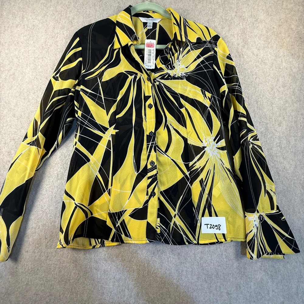 Conrad C Collection Yellow Black Abstract Floral Button Blouse Size 12 NWT Y2K
